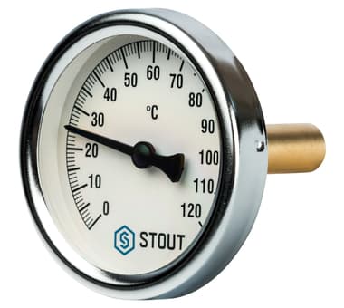 SIM-0003-635015 STOUT Термометр биметаллический с погружной гильзой. Корпус Dn 63 мм, гильза 50 мм, резьба с самоуплотнением 1/2", 0...120°С